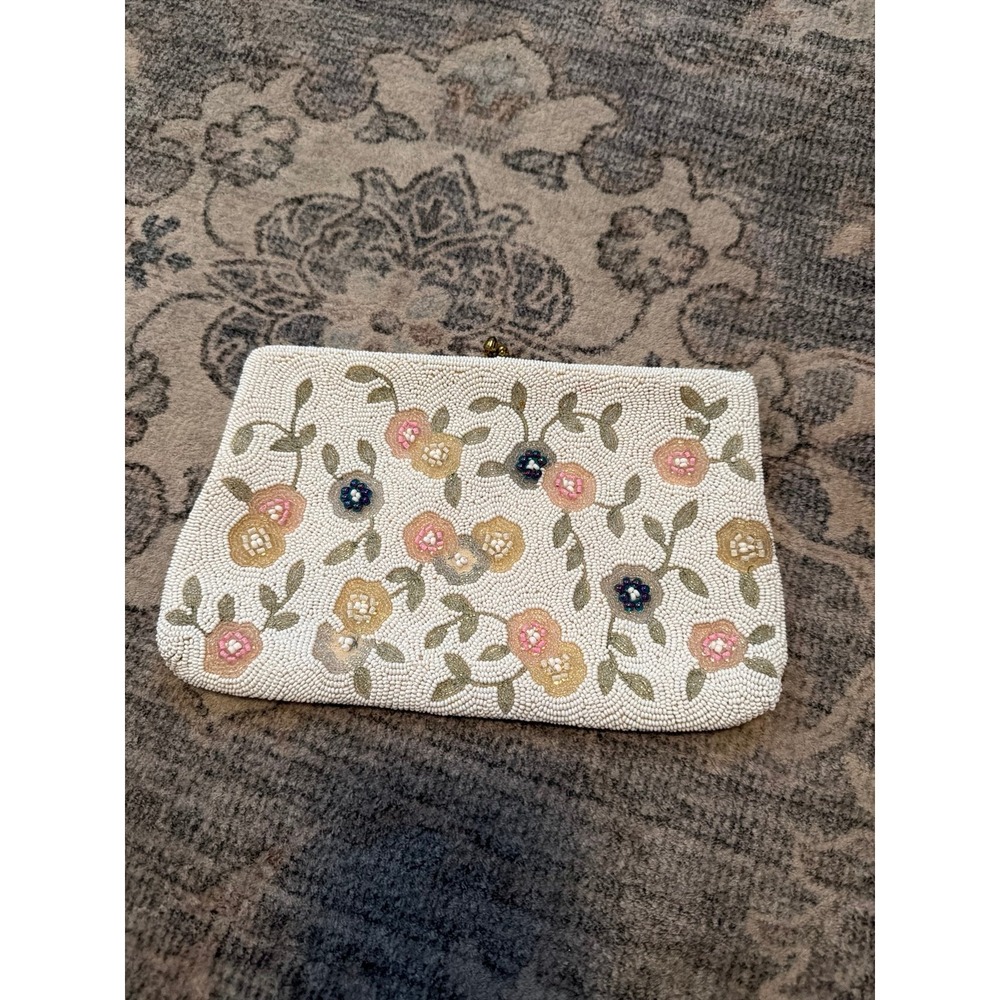 Vintage Mid Century Hand Beaded Rosenfeld Floral Clutch Handbag